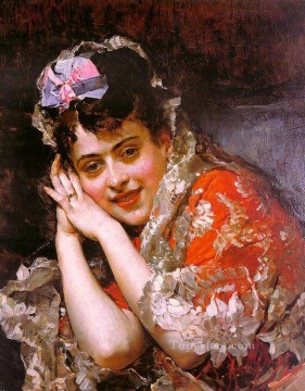  White Canvas - The Model Aline Masson with a White Mantilla realist lady Raimundo de Madrazo y Garreta